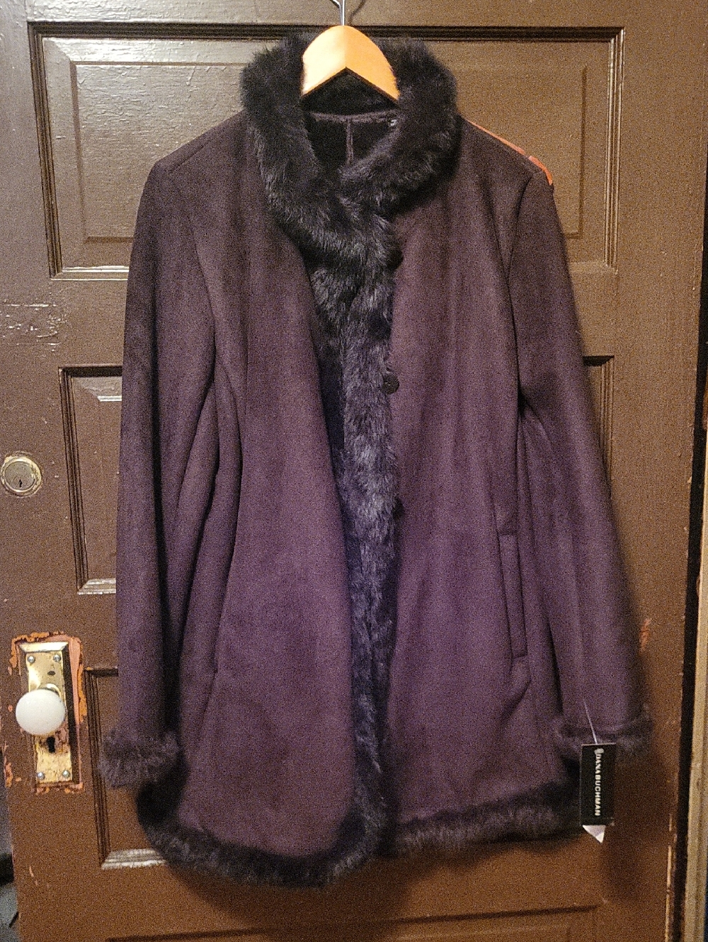 Dana Buchman Black Faux Fur Trim Teddy Coat
